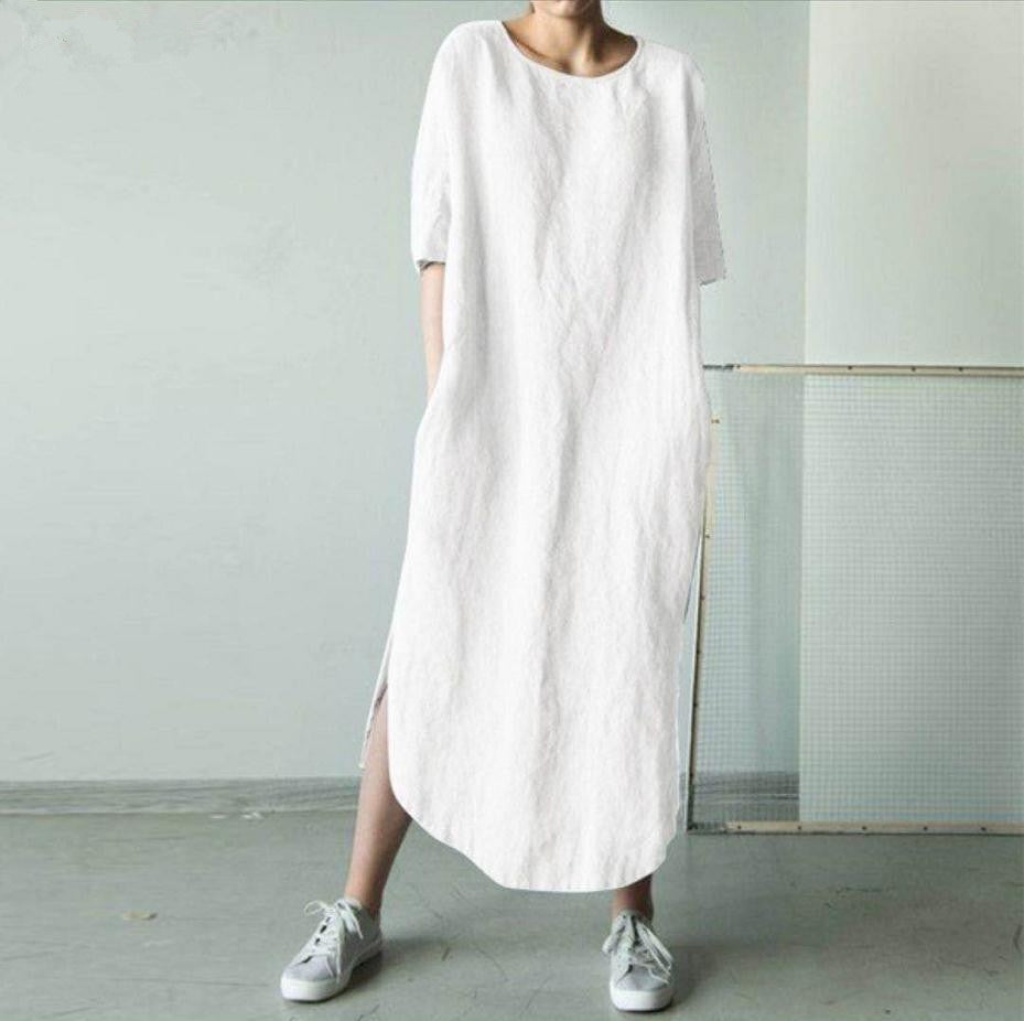 Round Neck Half Sleeve Solid Color Side Dresses