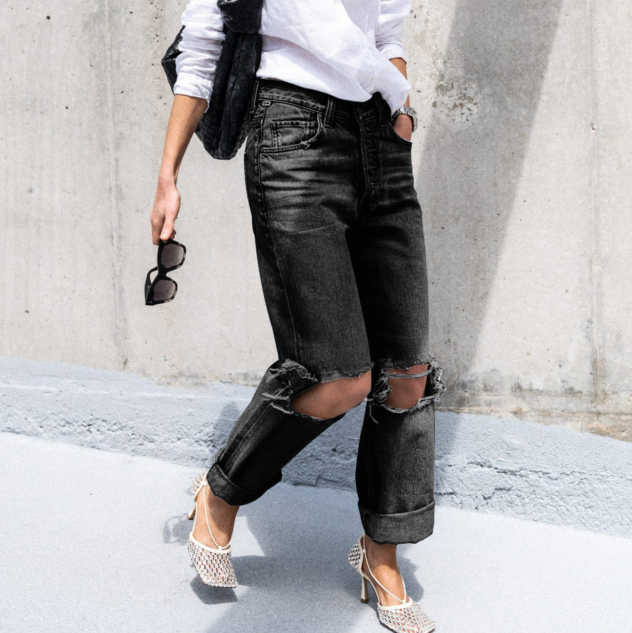 Women's Ripped Leisure Boyfriend Style Trousers Jeans