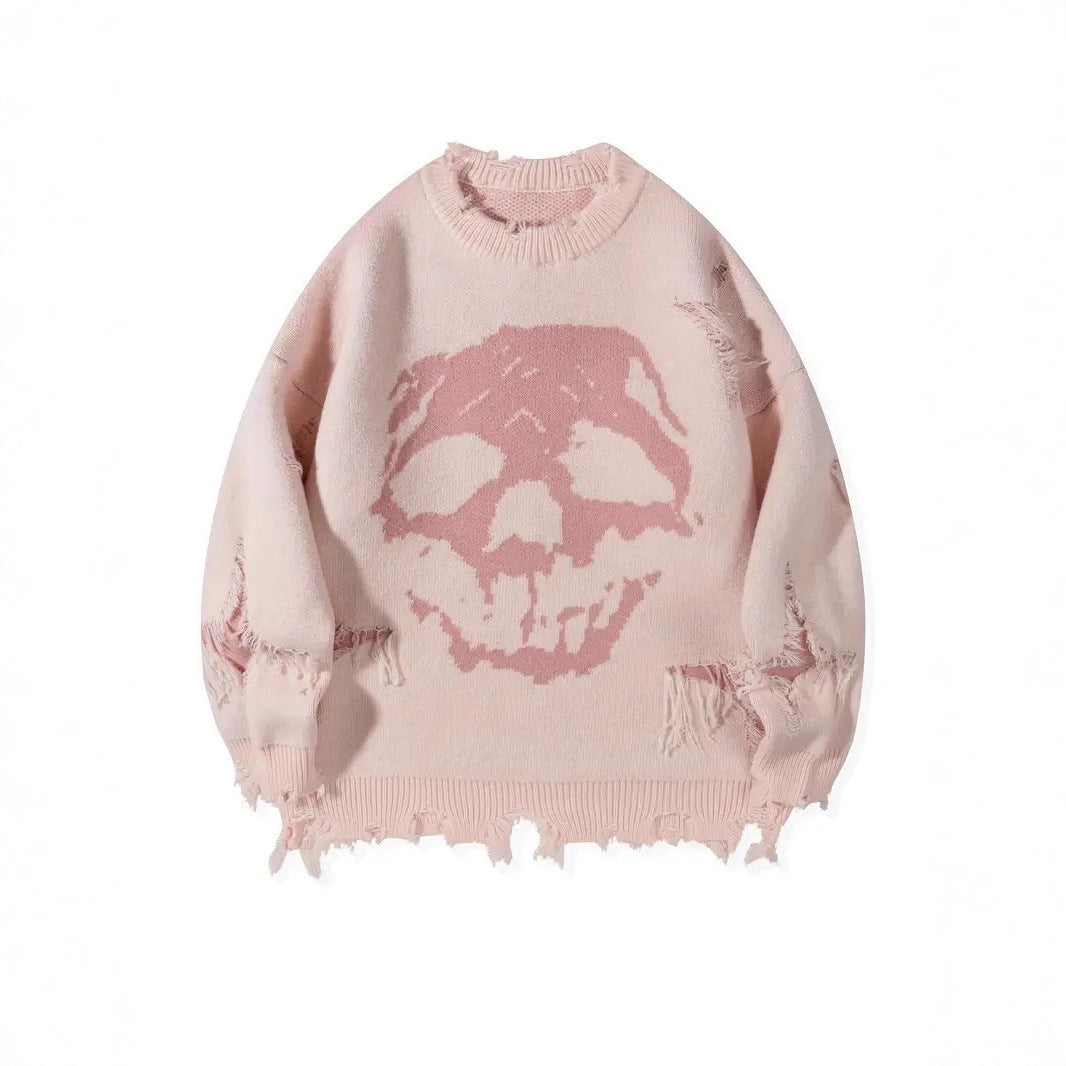 Women's & Men's & Hip Hop Dark Street Skull Jacquard Ripped Sweaters
