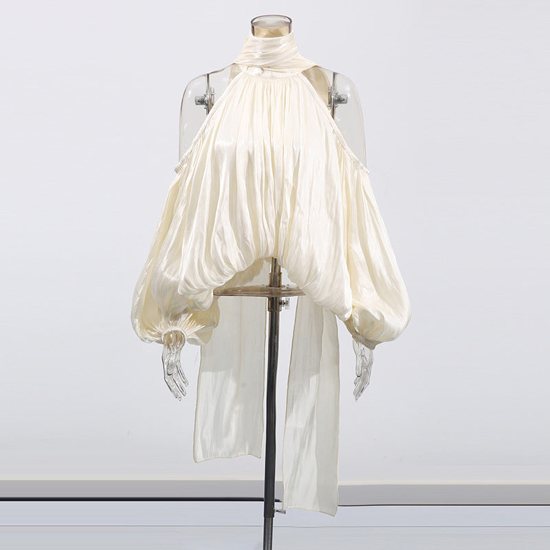 Women's Bow Chiffon Shirt Sweet Halter Puff Blouses