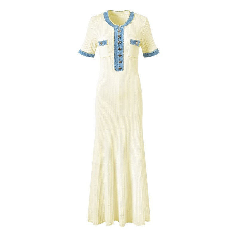 Denim Long-sleeved Knitted Simple Round Neck Slimming Dress