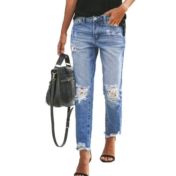 Women's Ripped Tassel Slimming Wear Denim Trousers Jeans