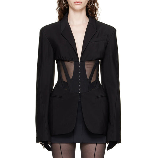 Women's Waist Mesh Slim Fit Patchwork Design Blazers