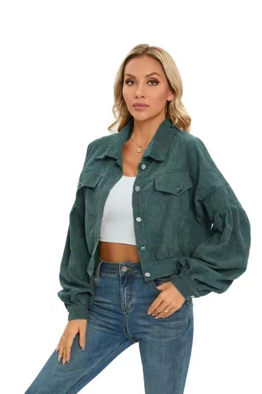 Women's Casual Polo Collar Corduroy Lantern Sleeve Jackets