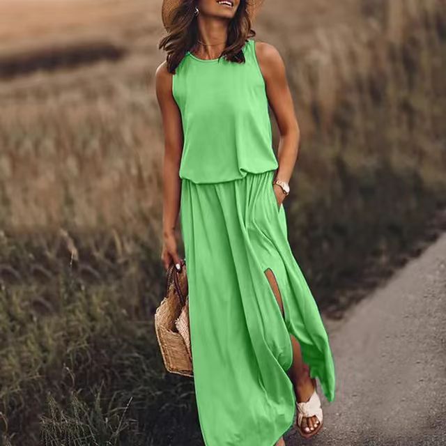 Style Solid Color Round Neck Sleeveless Dresses