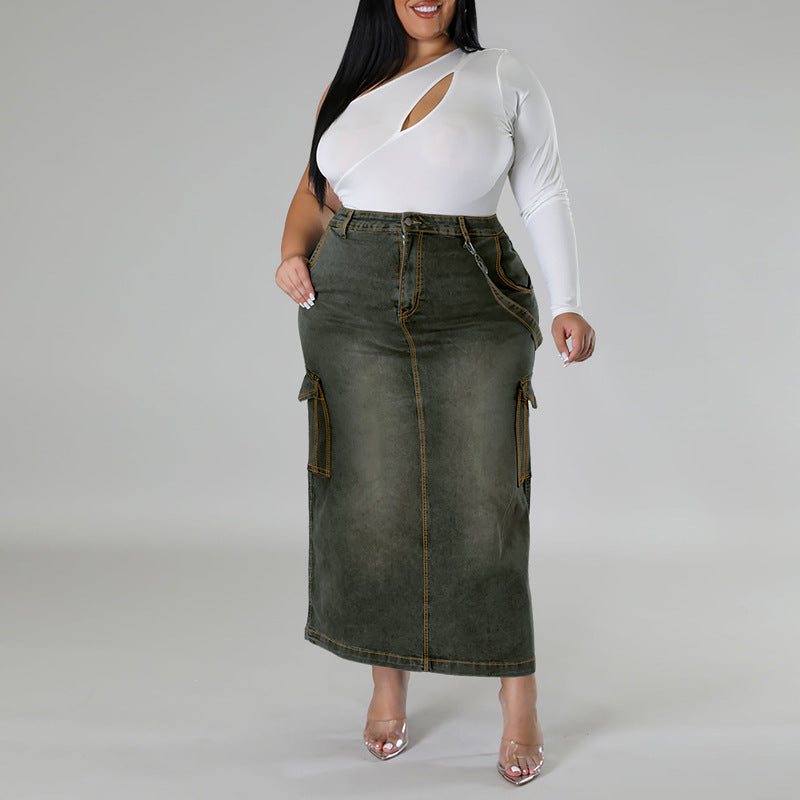 Women's Large Denim Decorative Sleeveless Split Source Skirts