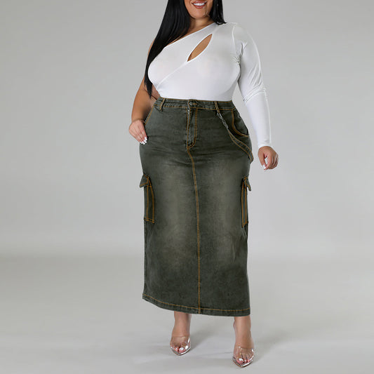 Women's Large Denim Decorative Sleeveless Split Source Skirts