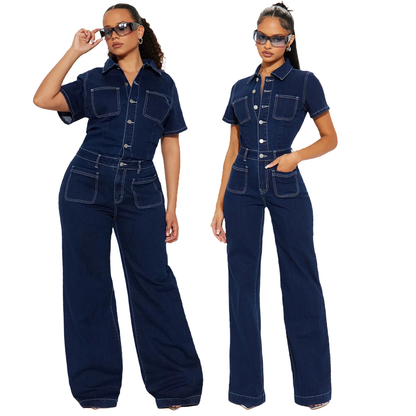 Loose Elastic Trumpet Wash Sleeve Denim Jumpsuits