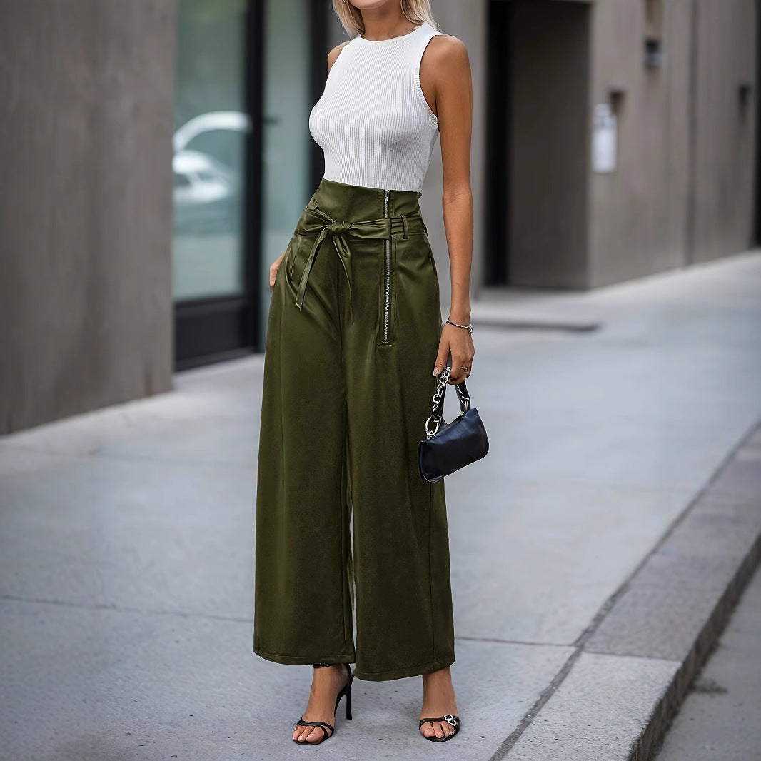 Women's Trousers Belt Simple Zipper Loose Casual Pants