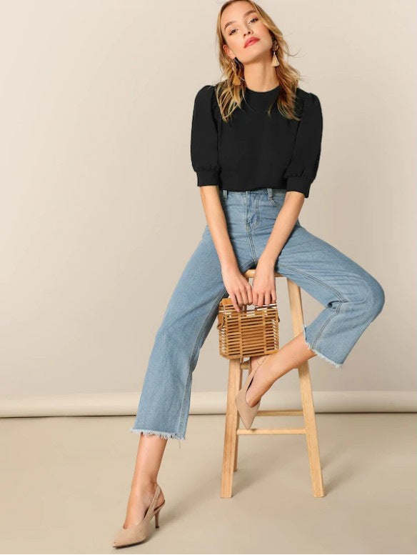 Color Buttons Round Neck Lantern Sleeve Blouses