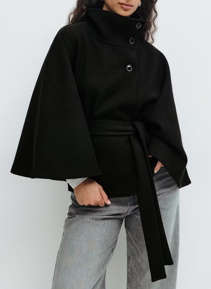 Women's Solid Color Cloak Stand Collar Button Coats