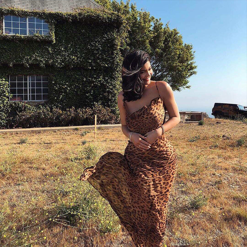 Women's Summer Braces Exposed Back Leopard Print Dresses