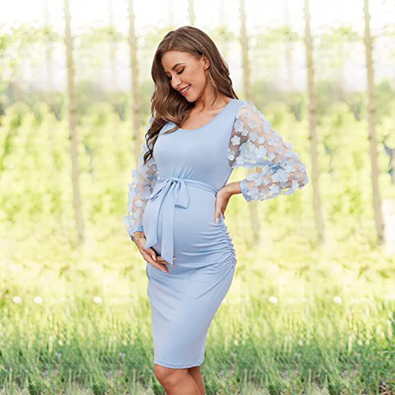 Women's Flower Long Sleeve Stretch Round Neck Dresses