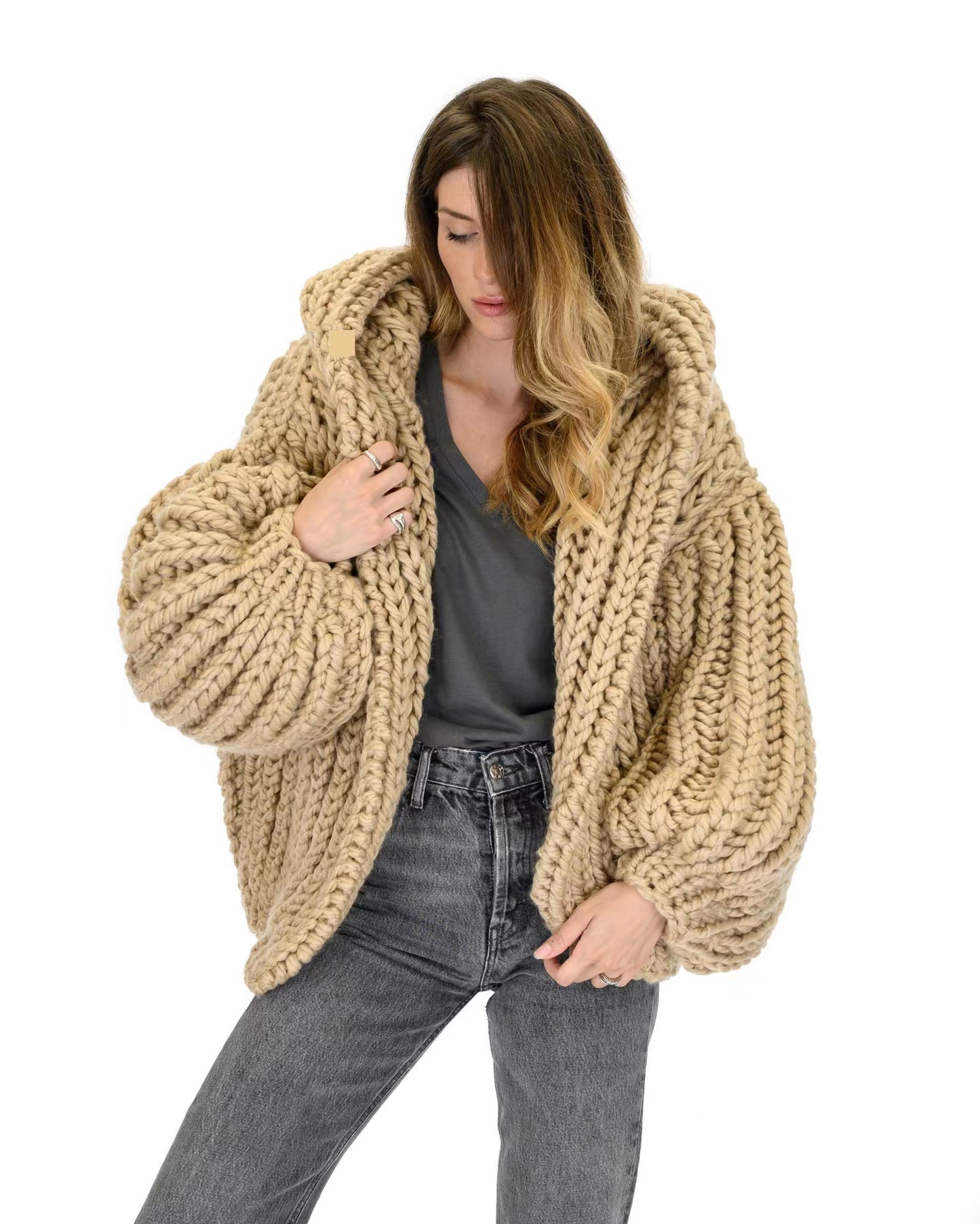Women's Lazy Style Hooded Handmade Knitting Needle Sweaters