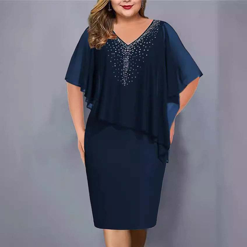 Women's Chiffon Stitching Rhinestone Irregular Half Sleeve Dresses