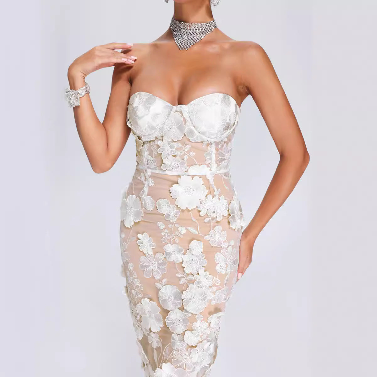 Flower Decoration Slim White Sexy Tube Dresses