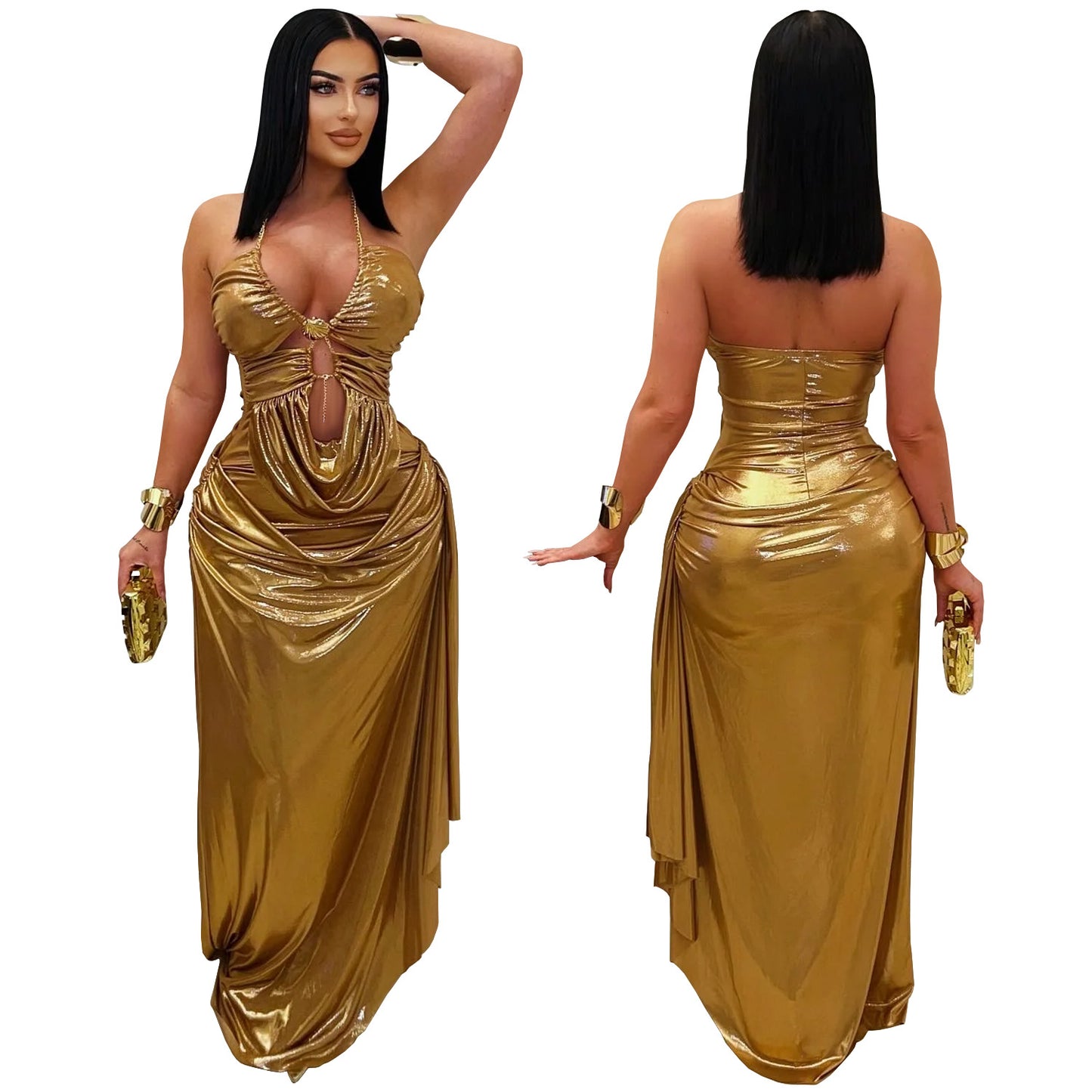 Women's Fashion Wear Sexy Halter Gold Necklace Dresses