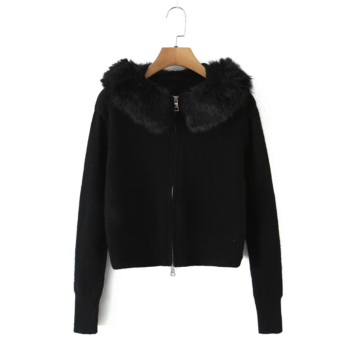 Women's Fake Fur Collar Hooded Long-sleeved Zipper Sweaters