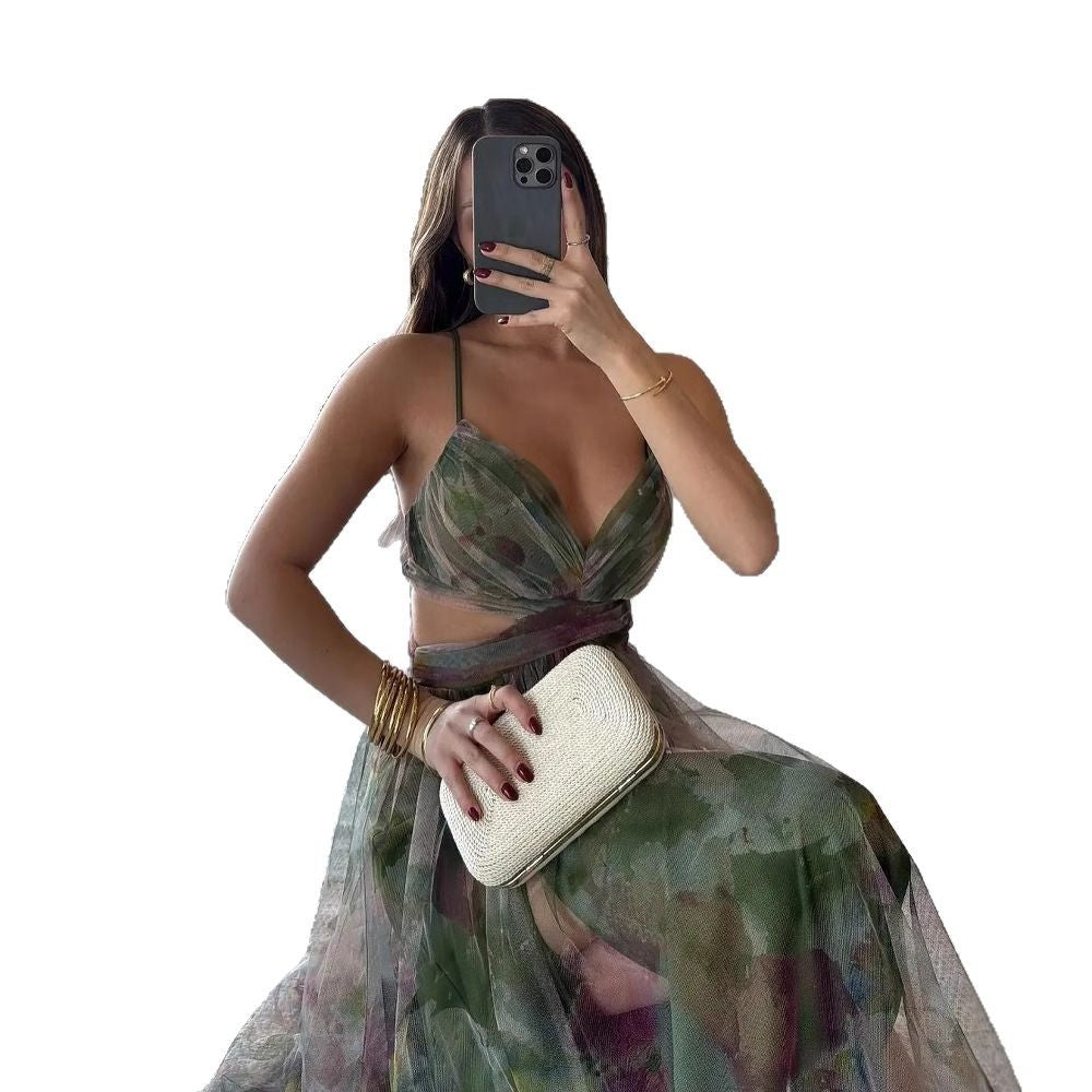 Mesh Printing Slip Dress Vacation Leisure Dresses