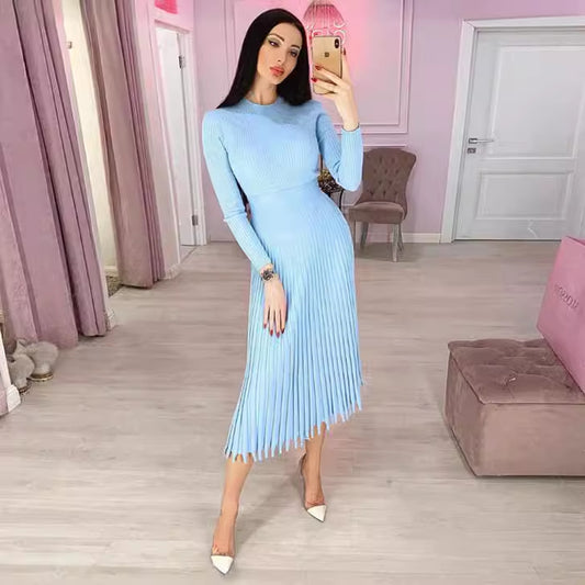Women's Mid-length Knitted Solid Color Pleated Dress Blouses