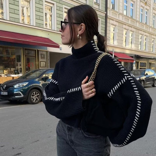 Women's Autumn Round Neck Warm Color Contrast Knitwear
