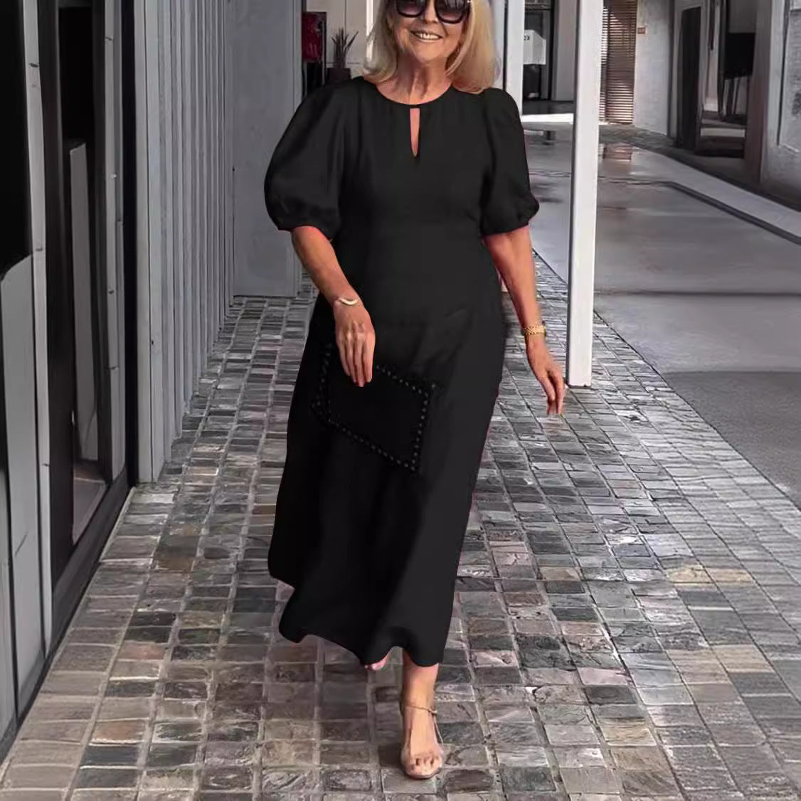 Women's Solid Color Loose-fitting Casual Puff Sleeve Dresses