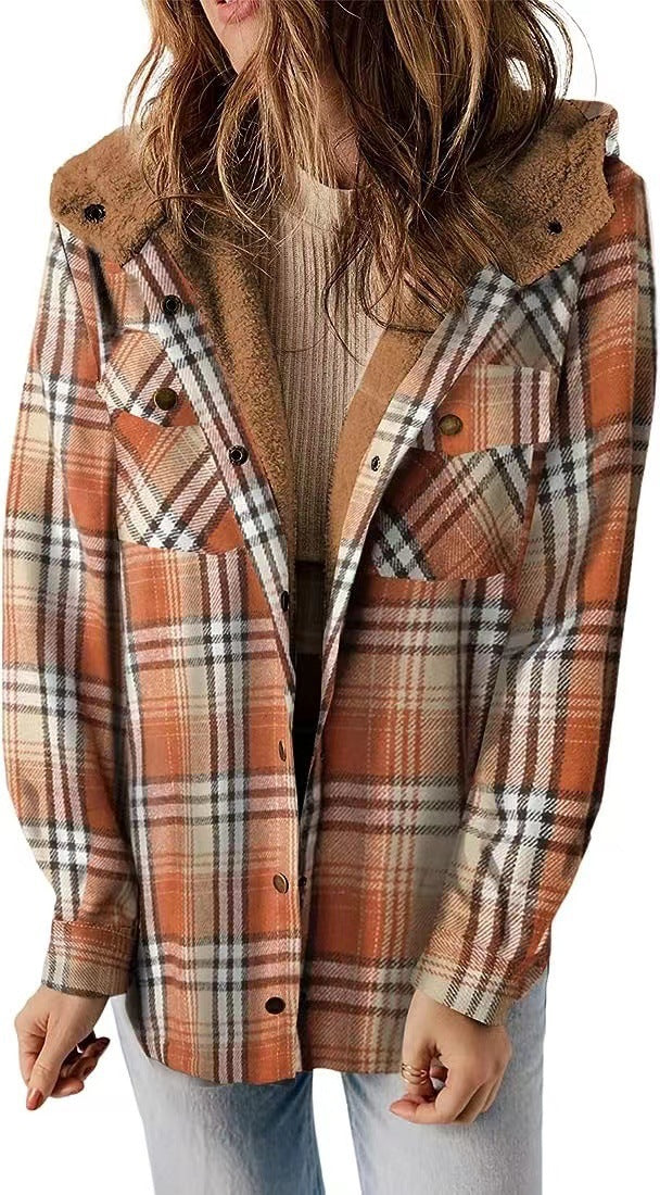 Women's Plush Shirt Casual Plaid Hooded Woolen Jackets