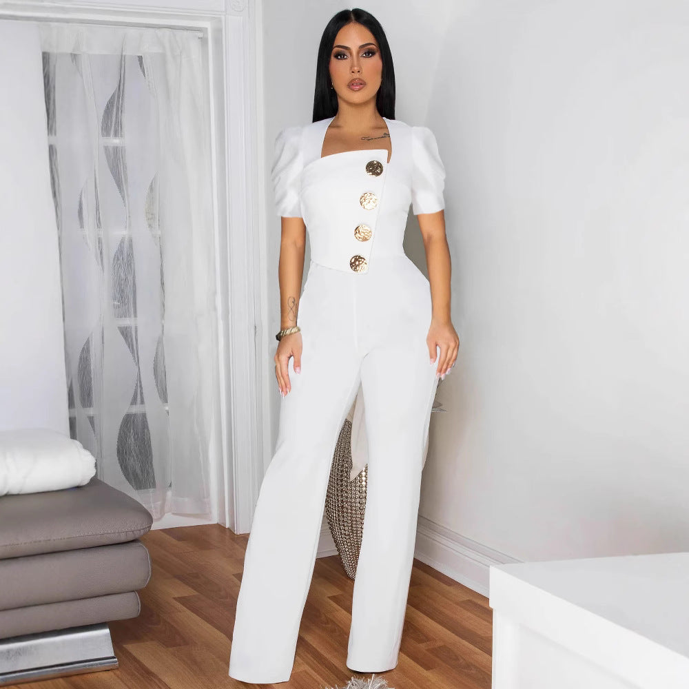 Women's Line Stitching Large Buttons Short-sleeved Sports Pants