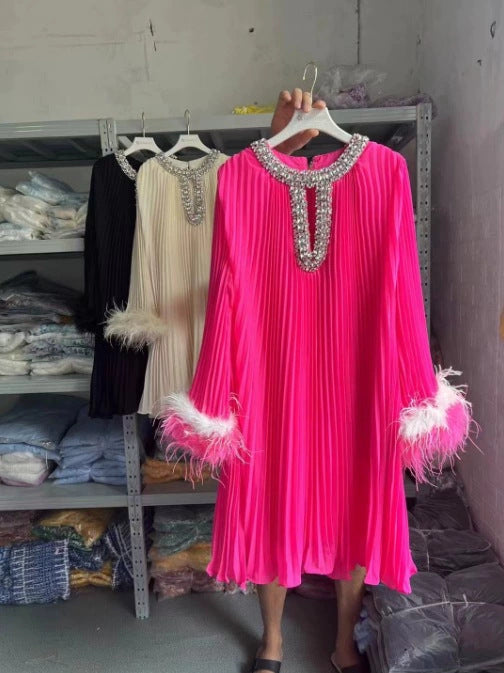 Women's Australian Fashion Beaded Feather Sleeve Long Autumn Hollow Pleated Dresses