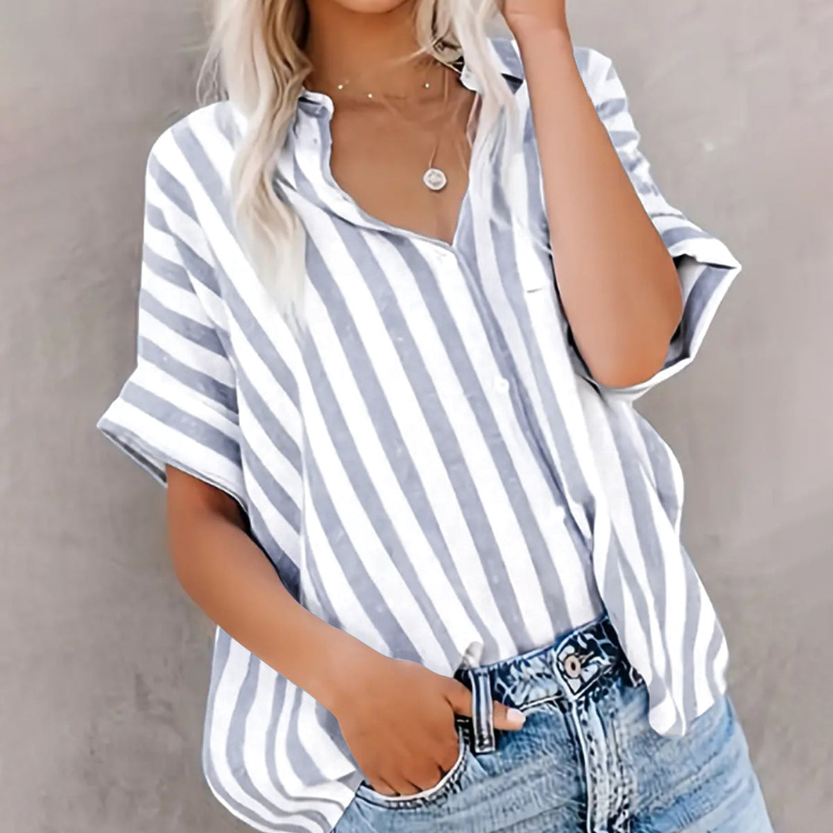 Women's Casual Loose Two-tone Striped Sleeve Shirt Blouses