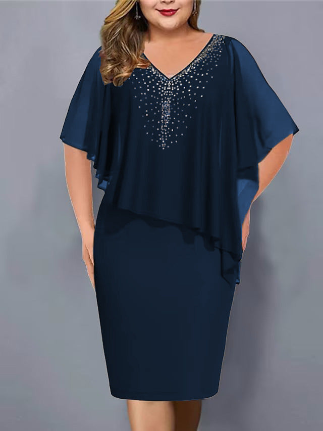 Women's Chiffon Stitching Rhinestone Irregular Half Sleeve Dresses