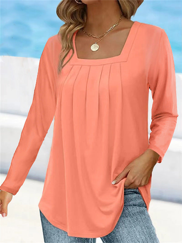 Women's Pleated Square Collar Long Sleeve Imitation Blouses