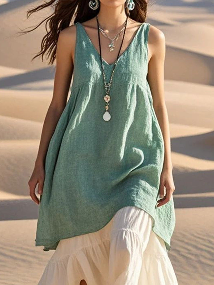 Women's Fashion Sleeveless Cotton Linen Solid Color Dresses