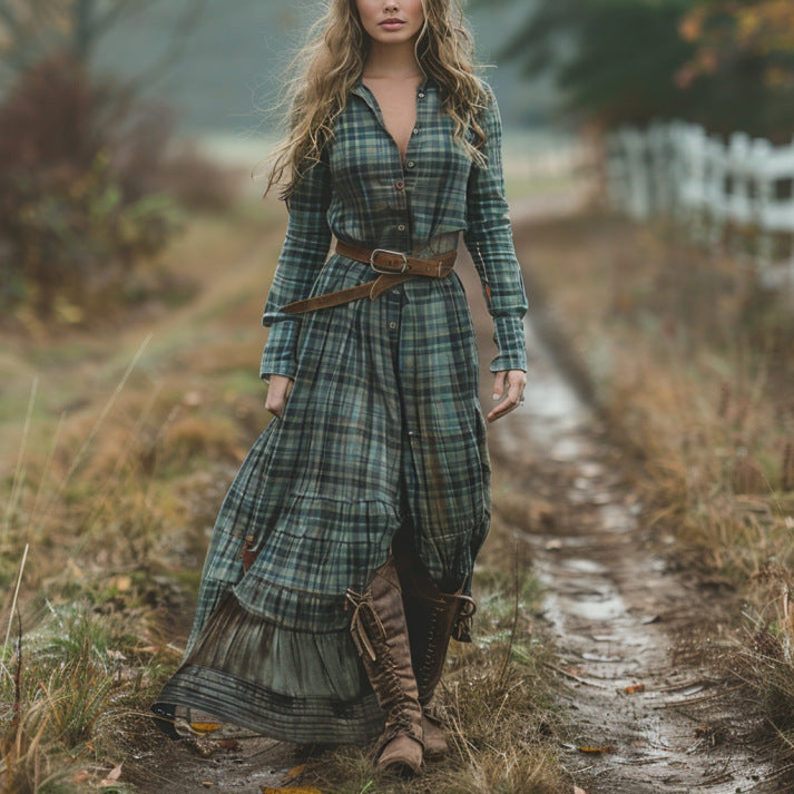 Women's Retro Printed Checks Long Dress Country Dresses