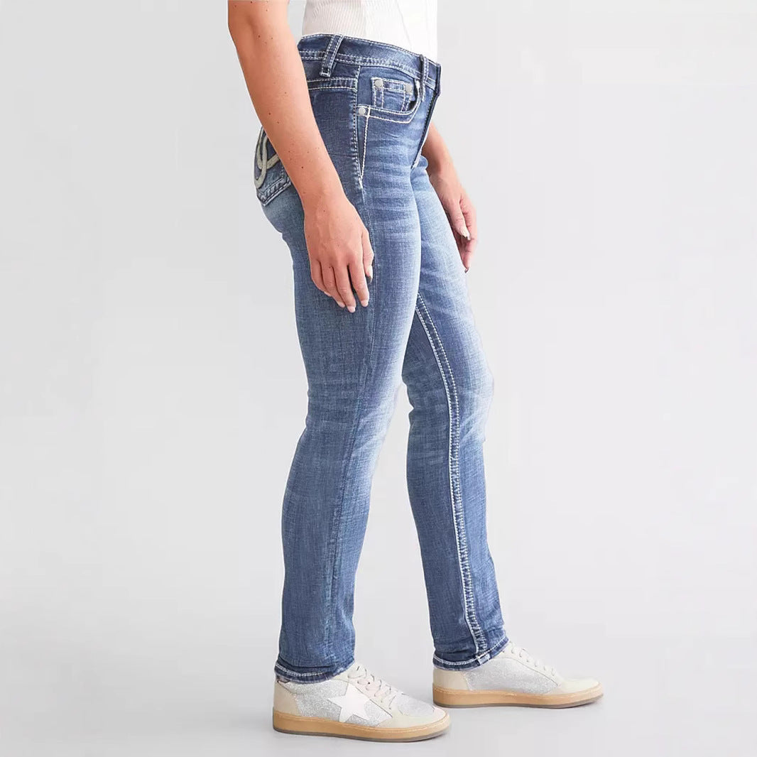 Women's Slim Fit Embroidered Denim Trousers Jeans