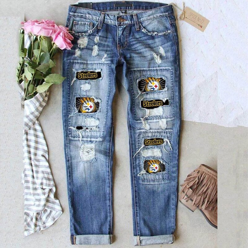 Women's Ripped Print Street Contrast Color Straight Jeans