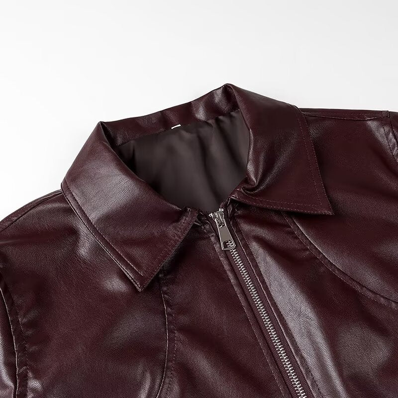 Women's Fashion Polo Collar Long Sleeve Leather Jackets