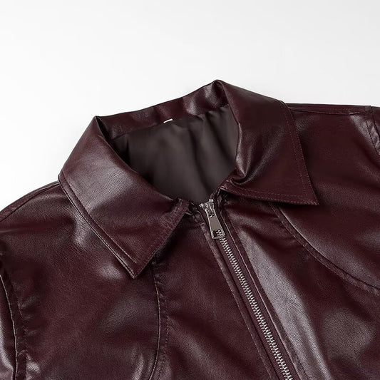 Women's Fashion Polo Collar Long Sleeve Leather Jackets