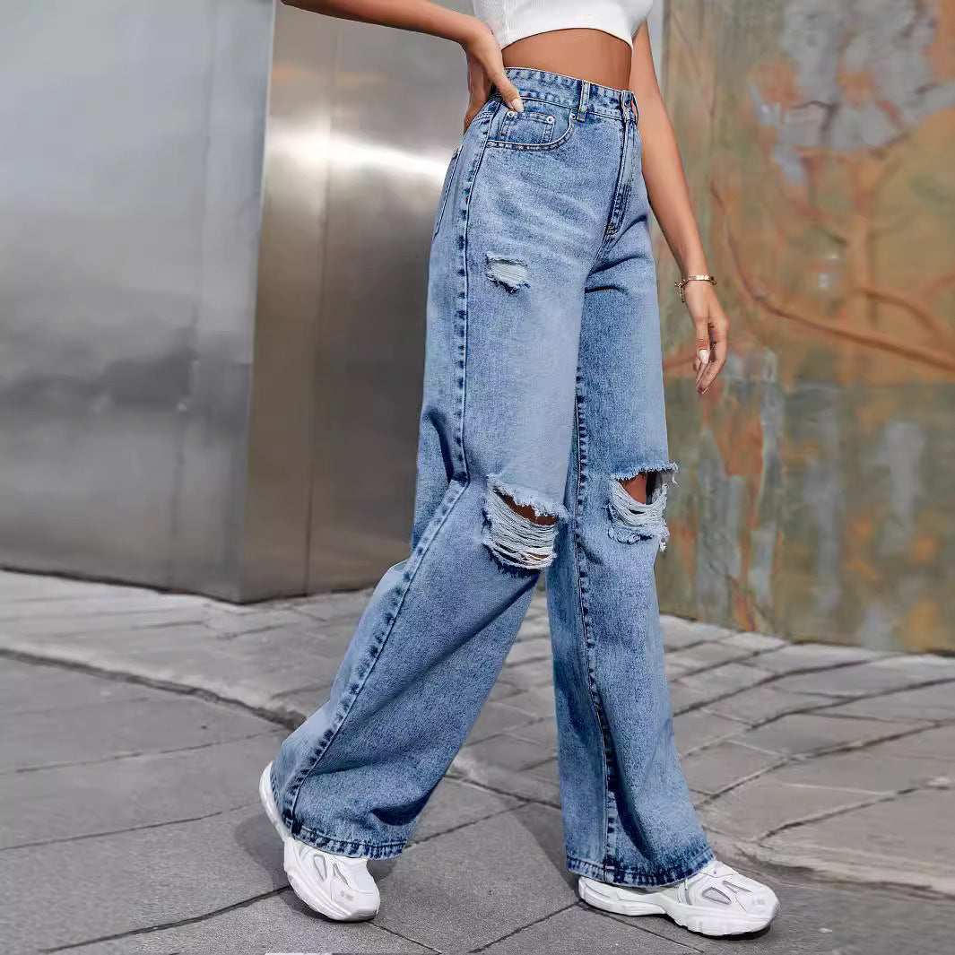 Women's Fashion Holes High Waist Wide Leg Jeans