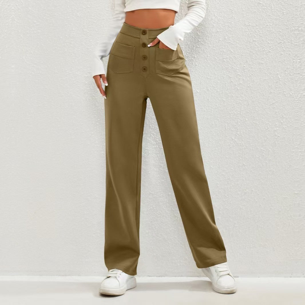 Women's Fashion Wear Casual Straight High Waist Button Pants