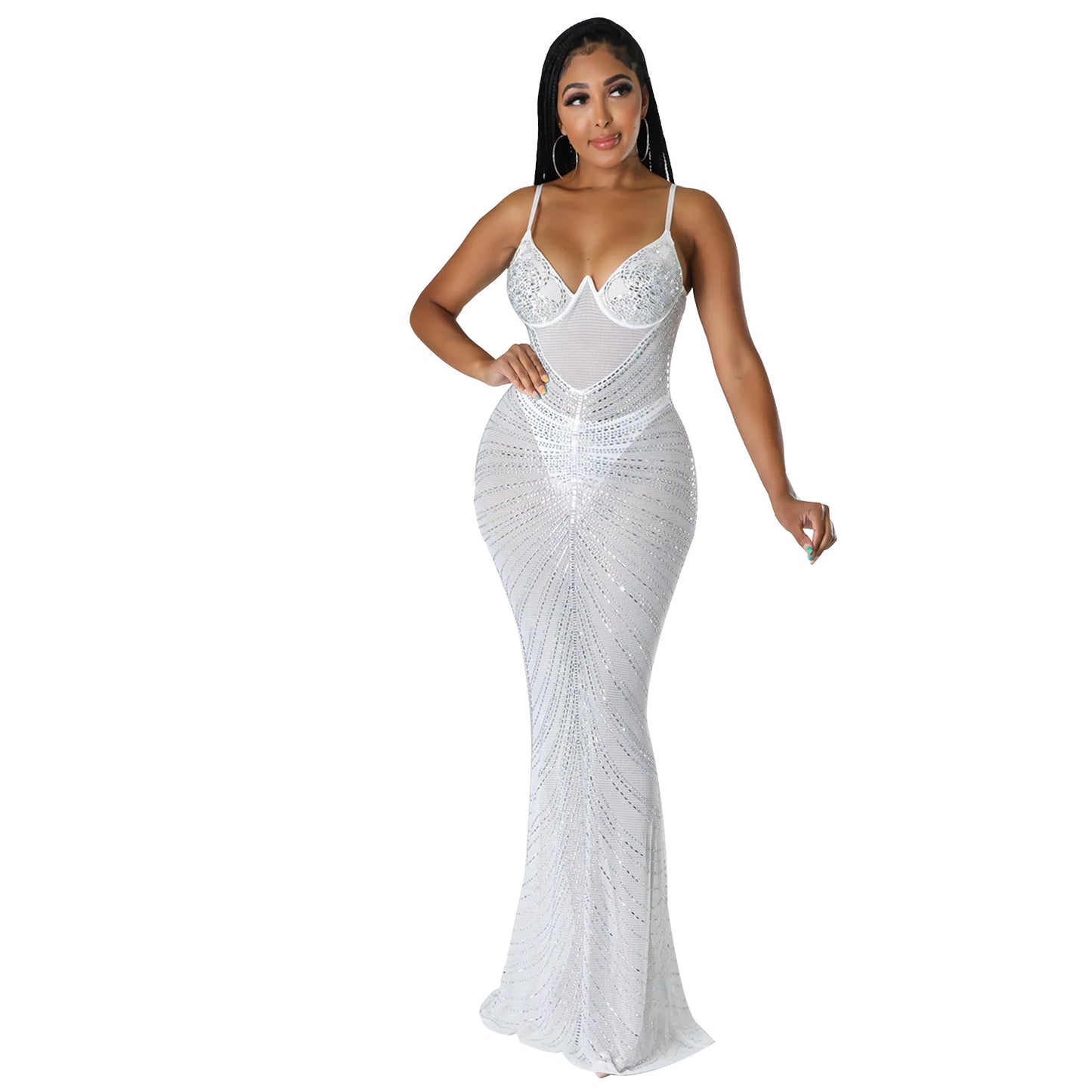 Women's Summer Sexy Mesh Rhinestone Night Club Slip Dresses
