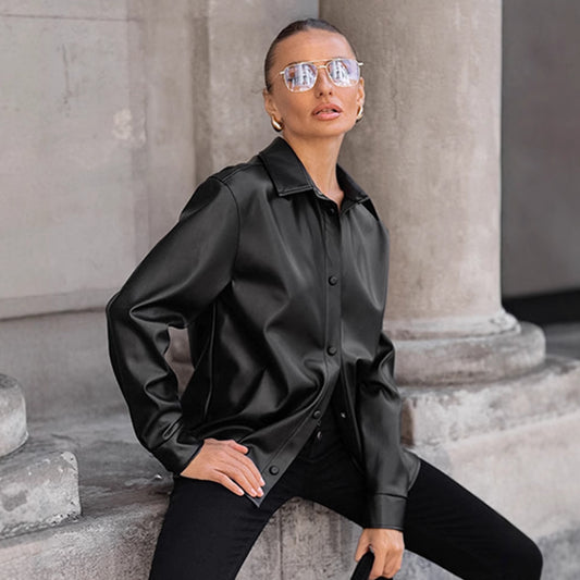 Women's Retro Black Leather High-grade Mid-length Clothing