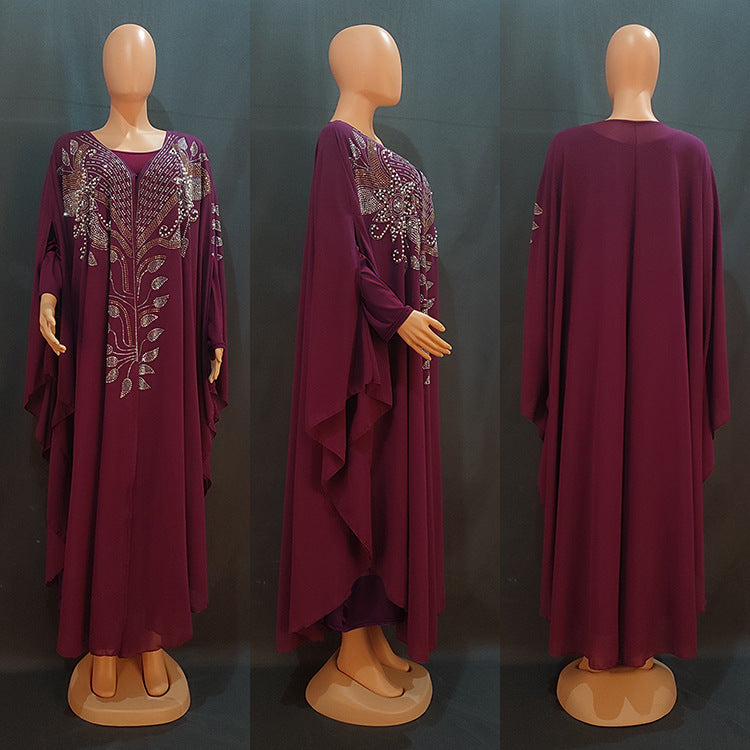 Women's African Dress Chiffon Rhinestone Robe Muslim Dresses