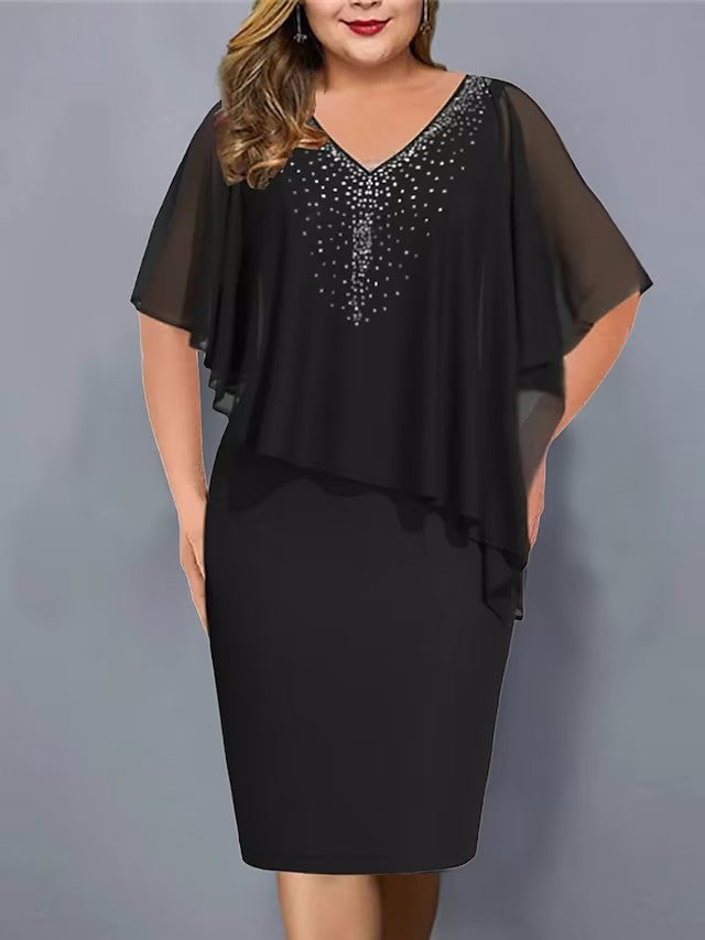 Women's Chiffon Stitching Rhinestone Irregular Half Sleeve Dresses