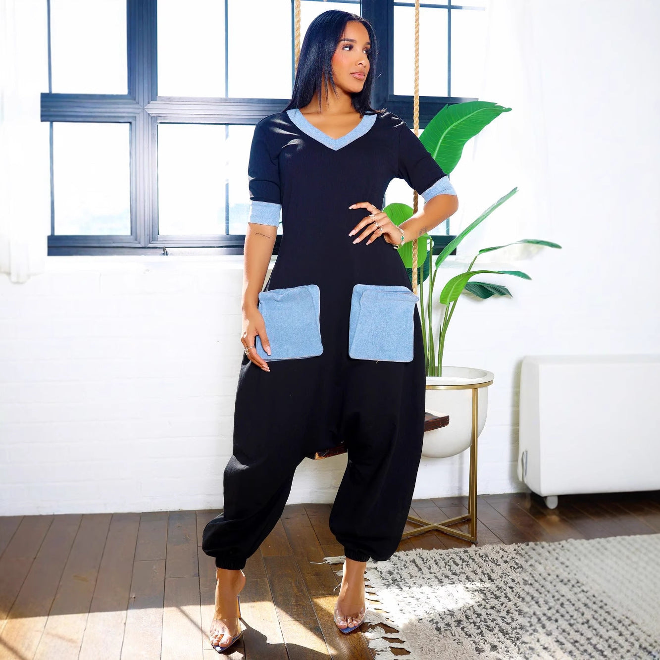 Commute Denim Stitching Contrast Color Loose Jumpsuits
