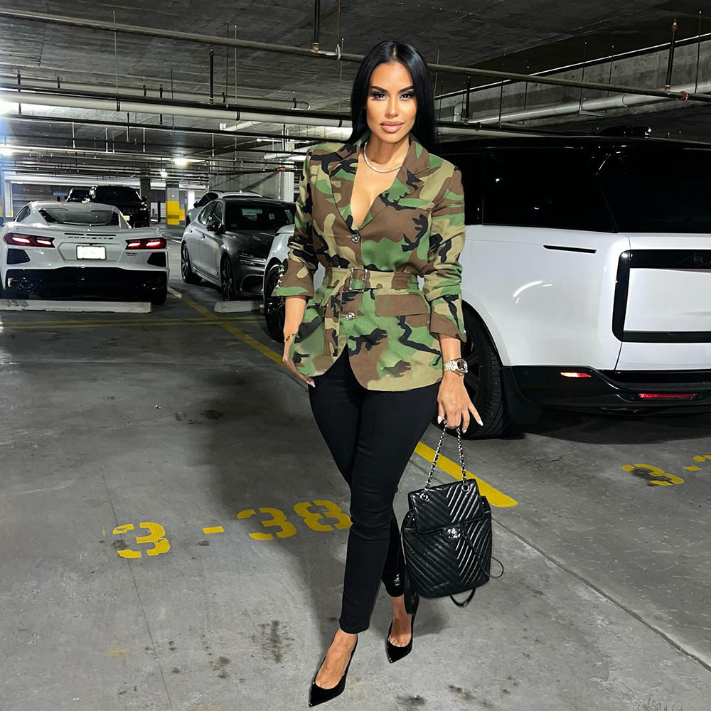 Women's Fashion Camouflage Belt Collar Three Button Coats
