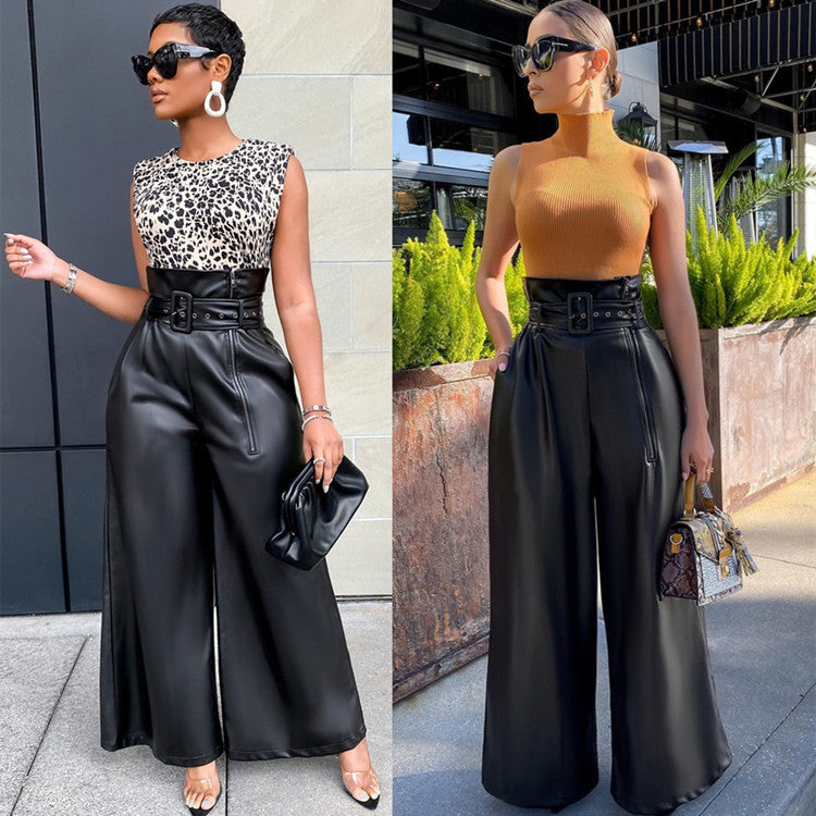 Women's High Waist Style Leather Nightclub Metal Belt Pants