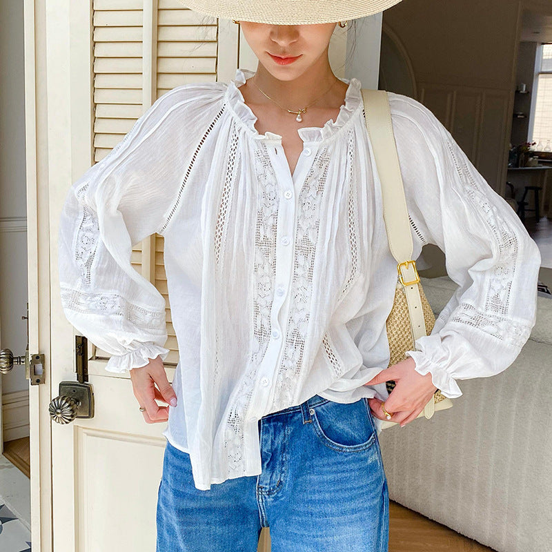 Women's Autumn French Style Cotton Shirt Long Blouses