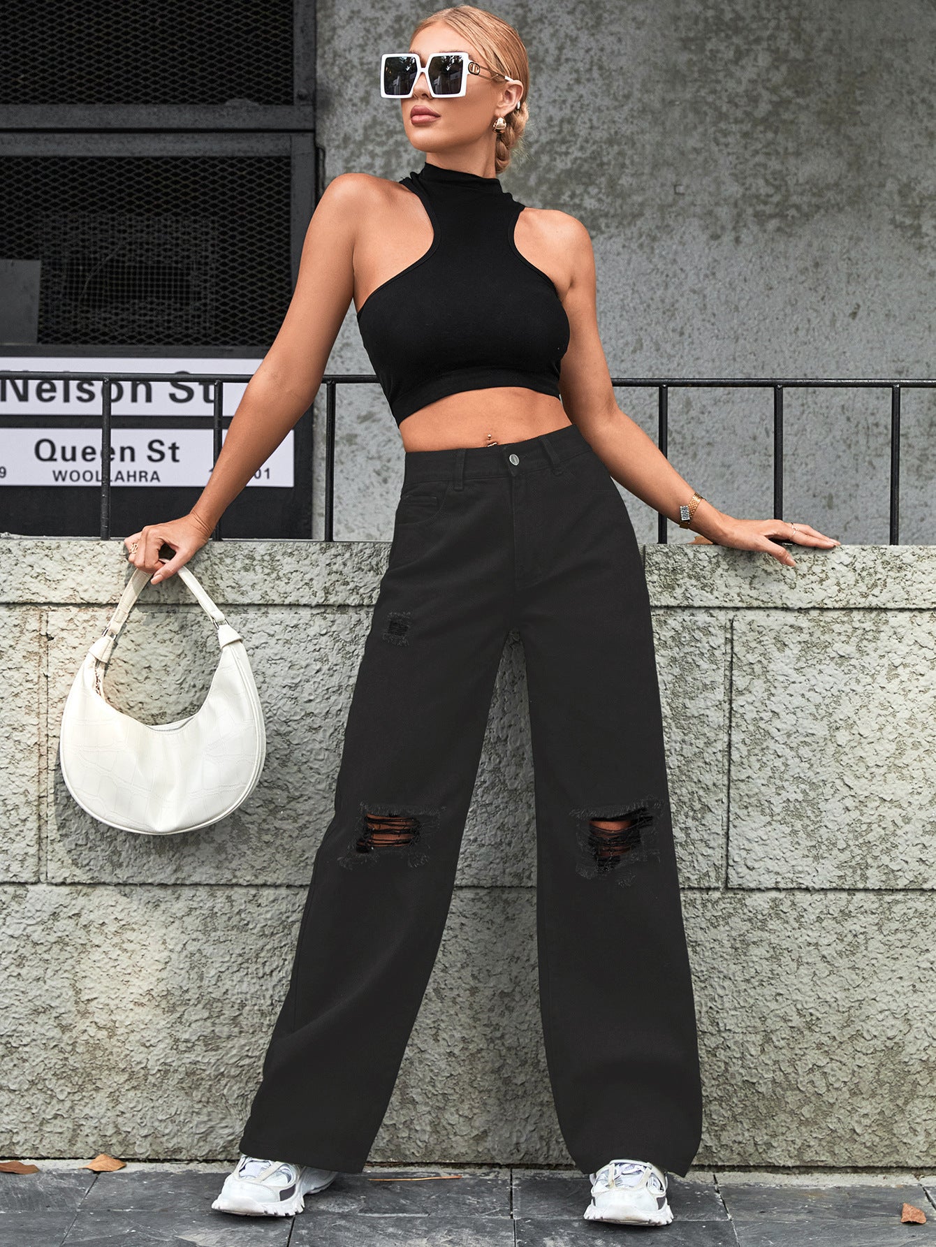 Women's Fashion Holes High Waist Wide Leg Jeans