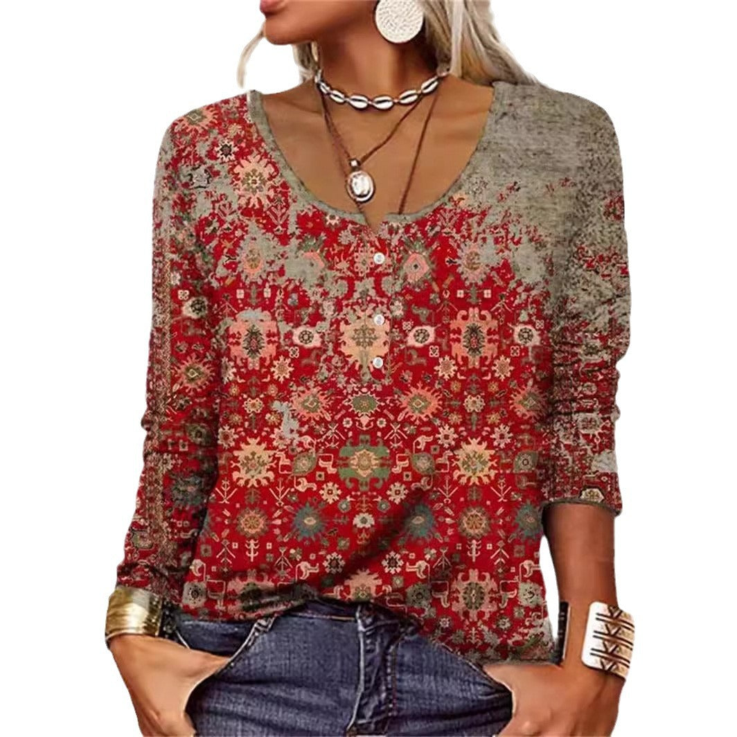 Women's Casual Loose Long-sleeved Geometric Floral Button Blouses